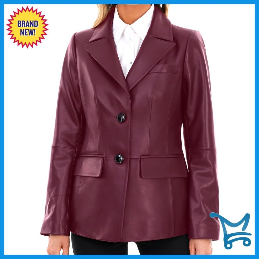 Lambskin Leather Blazer Jacket, Button Front, Notched Lapel, Back Vent